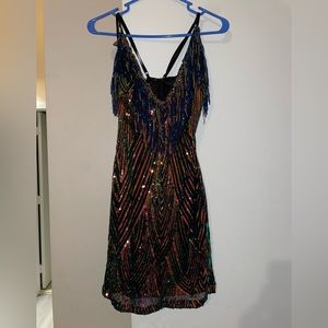 Low cut v neck dress. Open back. Multi color Sequin